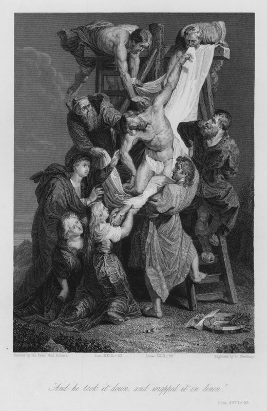 Nedstigningen fra korset, Lukas XXIII, 53 (gravering) av Peter Paul (after) Rubens