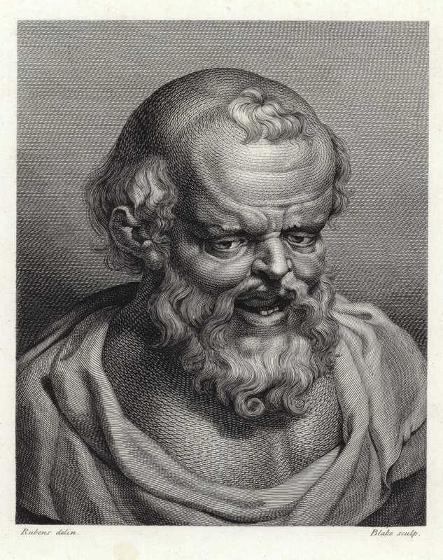 Portrett av den antikke greske filosofen Democritus (stippgravering) av Peter Paul Rubens