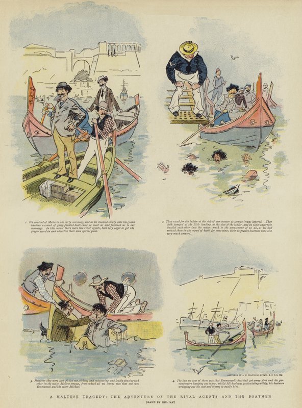 En maltesisk tragedie, eventyret til de rivaliserende agentene og båtmennene (chromolitho) av Phil May
