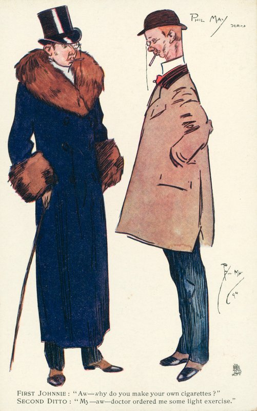 To herrer har en samtale om sigaretter og trening (farge litho) av Phil May