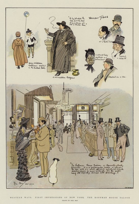 Western Ways, førsteinntrykk av New York, Hoffman House Saloon (chromolitho) av Phil May