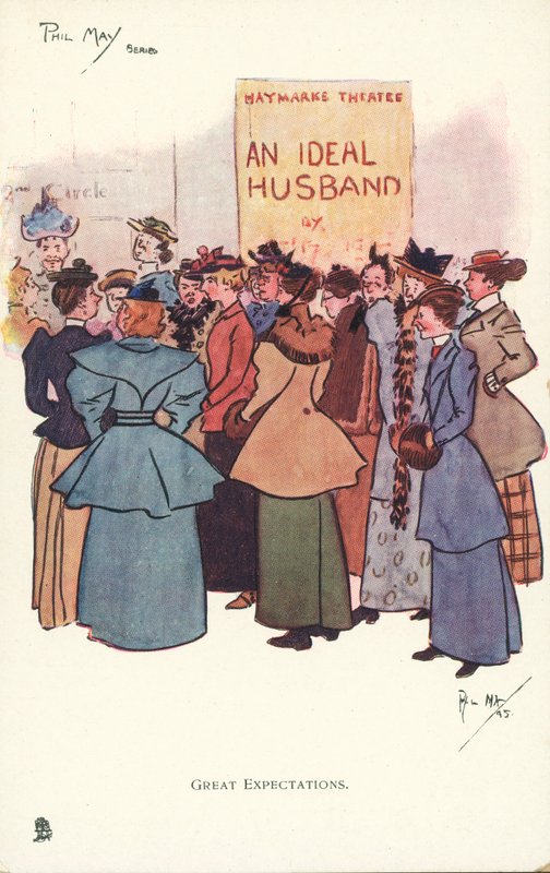 Kvinner samles utenfor et teater for å se en produksjon av An Ideal Husband (fargelitho) av Phil May
