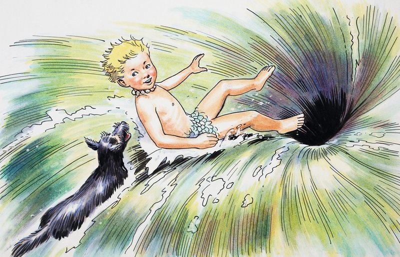 Fallende i boblebadet, illustrasjon fra «The Water Babies» av Charles Kingsley av Philip Mendoza