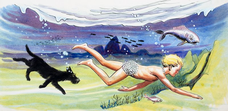 Svømming med fiskene, illustrasjon fra «The Water Babies» av Charles Kingsley av Philip Mendoza