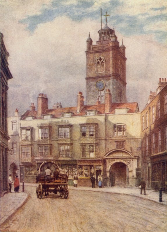 Tower of Church of St Giles, Cripplegate og Old Houses i Fore Street, 1884 av Philip Norman