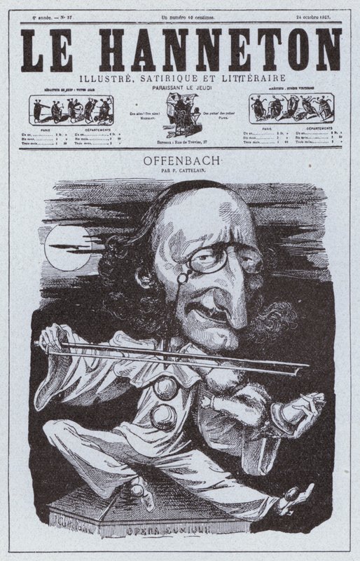 Karikatur av den tyskfødte franske komponisten Jacques Offenbach (litho) av Philippe Auguste Cattelain