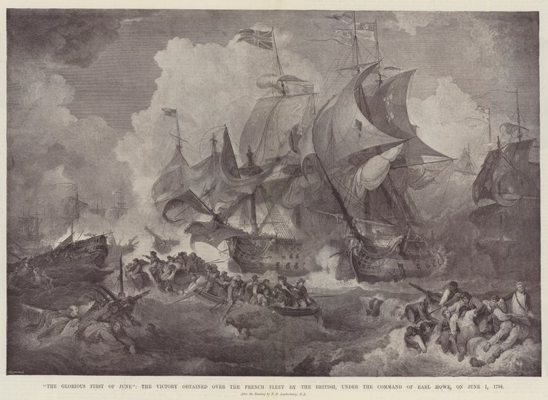 Den strålende første juni, seieren oppnådd over den franske flåten av britene, under kommando av Earl Howe, 1. juni 1794 av Philippe Jacques de Loutherbourg