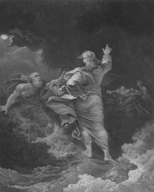 Kristus går på havet, Matteus 14, vers 22-34 (gravering) av Philippe de (after) Loutherbourg