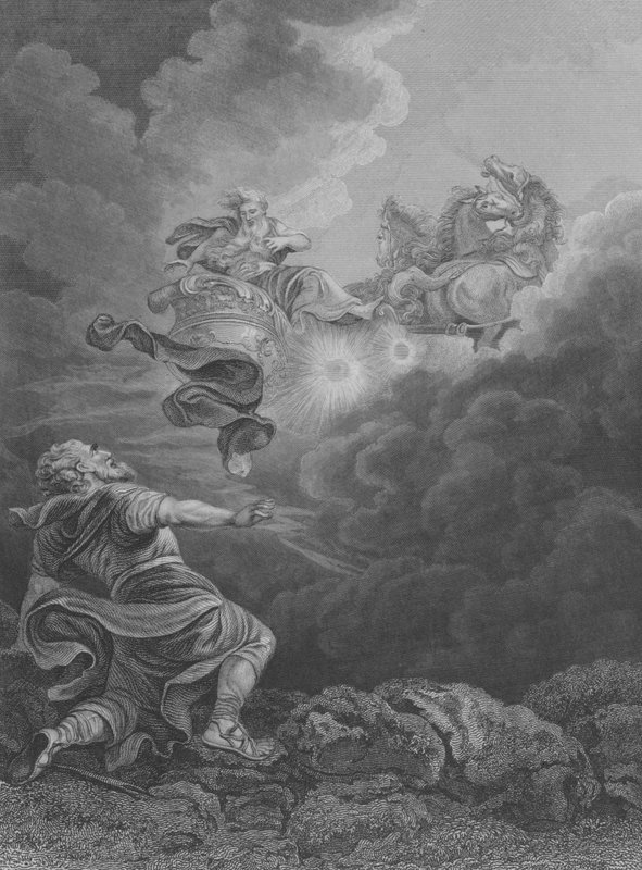 Elias oppstigning, 2. Kongebok 2, vers 1-13 (gravering) av Philippe de (after) Loutherbourg