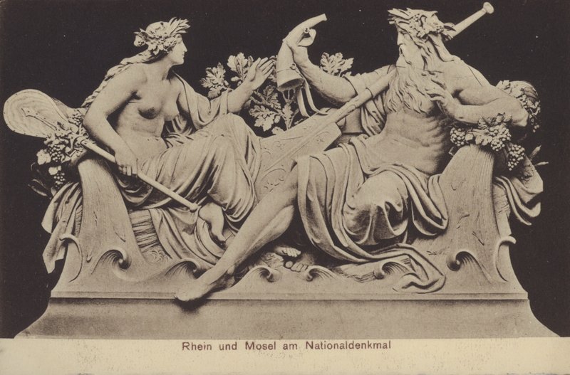 Allegoriske figurer som representerer Rhinen og Mosel ved Nationaldenkmal, monument til minne om foreningen av Tyskland, Rudesheim am Rhein, Hessen (s/hvitt-bilde) av Photographer German