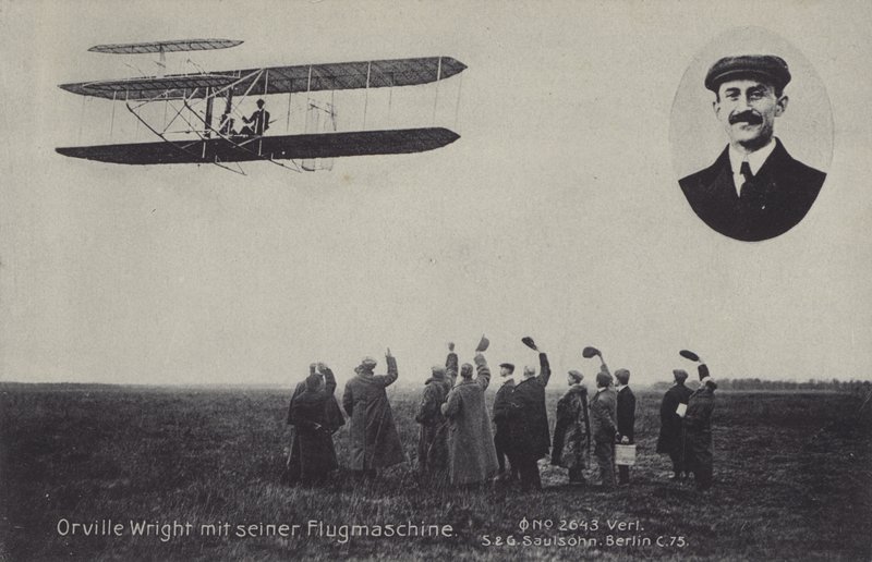 Den amerikanske flygeren Orville Wright og hans flygende maskin (s/hvitt-bilde) av Photographer German