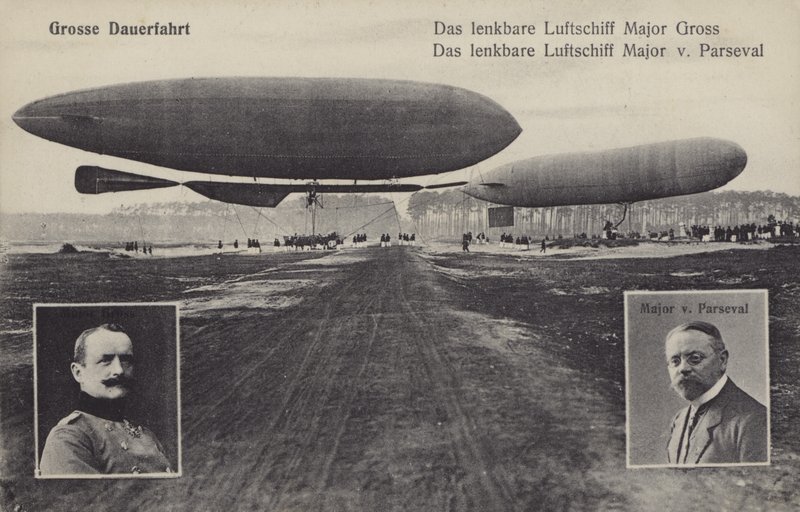 Dirigible luftskip av Hans Georg Friedrich Gross og August von Parseval (s/hv-bilde) av Photographer German