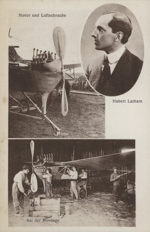 Den franske flygeren Hubert Latham og flyet hans (s/hv-bilde) av Photographer German