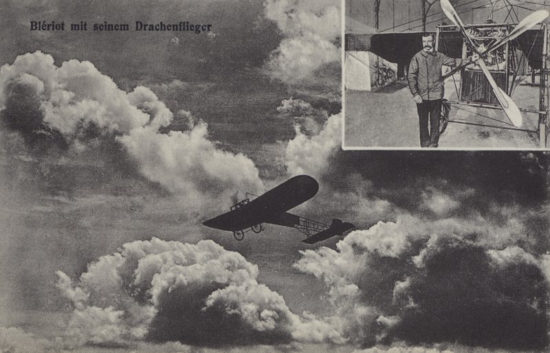 Den franske flygeren Louis Bleriot og monoplanet hans (s/hv-bilde) av Photographer German