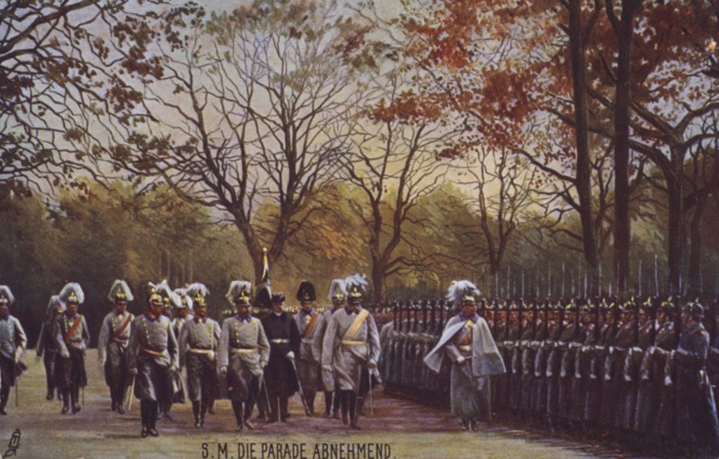 Kaiser Wilhelm II inspiserer tyske soldater på parade (farget bilde) av Photographer German