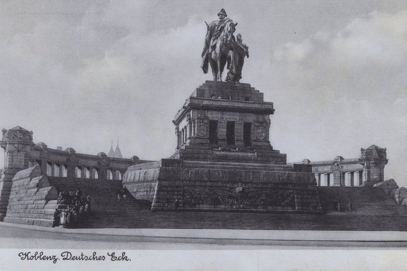 Monument til Kaiser Wilhelm I, Deutsches Eck, Koblenz, Tyskland (s/hvitt-bilde) av Photographer German