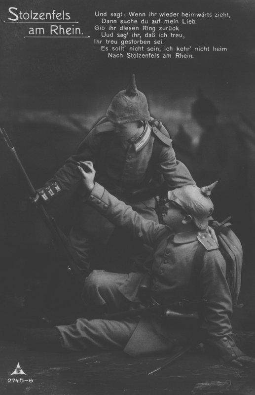 Stolzenfels slott ved elven Rhinen, postkort med tysk patriotisk militærtema (s/hv-bilde) av Photographer German