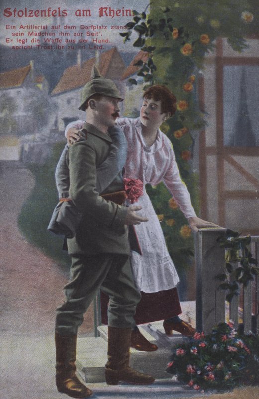 Stolzenfels slott ved elven Rhinen, postkort med tysk patriotisk militærtema (farget bilde) av Photographer German