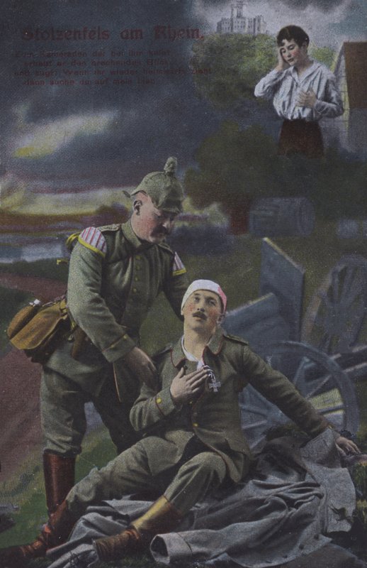Stolzenfels slott ved elven Rhinen, postkort med tysk patriotisk militærtema (farget bilde) av Photographer German
