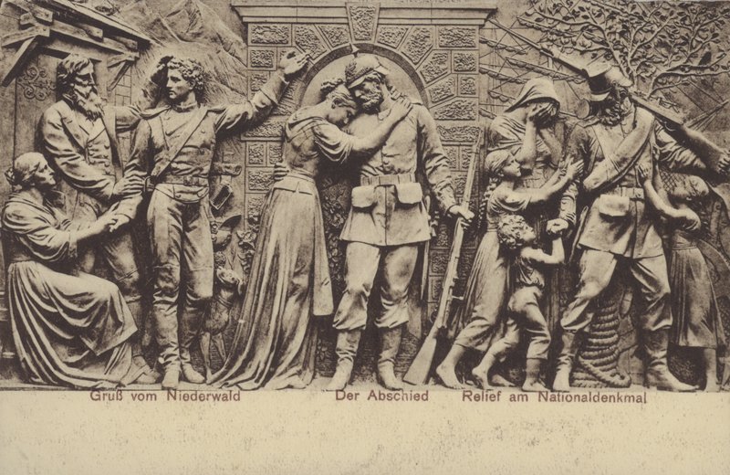 Avskjeden, relieff på Nationaldenkmal, monument til minne om foreningen av Tyskland, Rudesheim am Rhein, Hessen (s/hv-bilde) av Photographer German