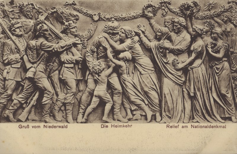 Hjemkomsten, relieff på Nationaldenkmal, monument til minne om foreningen av Tyskland, Rudesheim am Rhein, Hessen (s/hvitt foto) av Photographer German