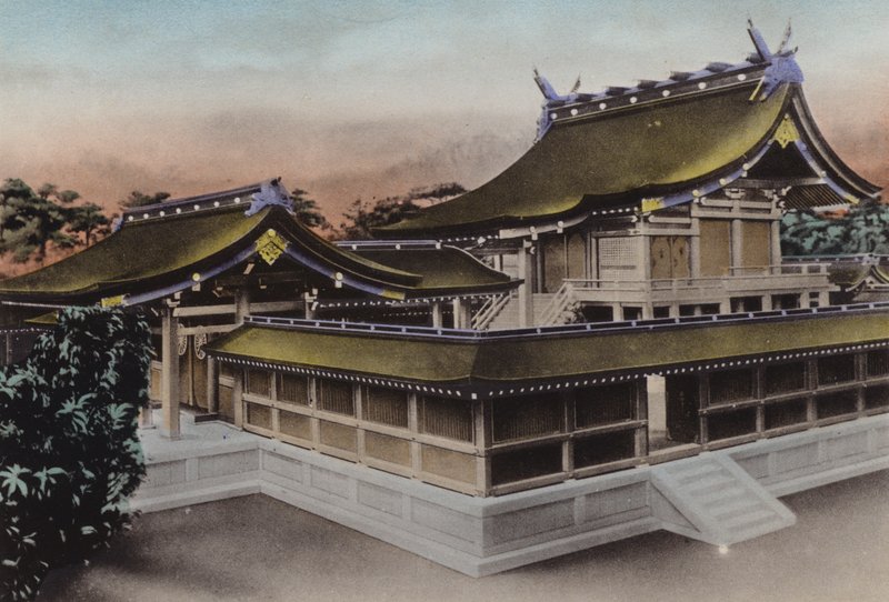 Japan, ca. 1912: Hovedbygningen til Meiji Jingu, helligdommen, Tokyo (bilde) av Photographer Japanese
