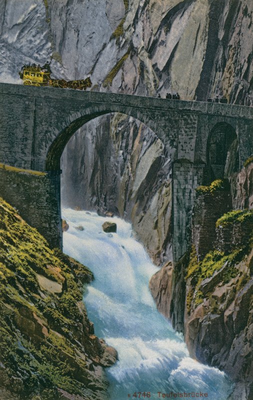 Vogn krysser Teufelsbrücke over Schollenen-kløften i Sveits. Postkort sendt i 1913. av Photographer Swiss