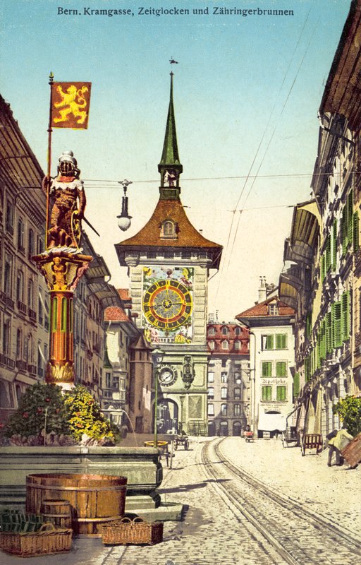 Zytglogge-klokketårnet og Zahringerbrunnen-fontenen, Kramgasse, Bern, Sveits (fargefoto) av Photographer Swiss