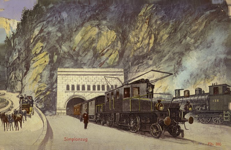 Tog ved inngangen til Simplon-tunnelen (fargebilde) av Photographer Swiss