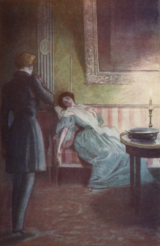 Hun la seg tilbake i en flott sofa, den ene hånden på hjertet, den andre hengende ved siden av henne av Pierre Georges Jeanniot