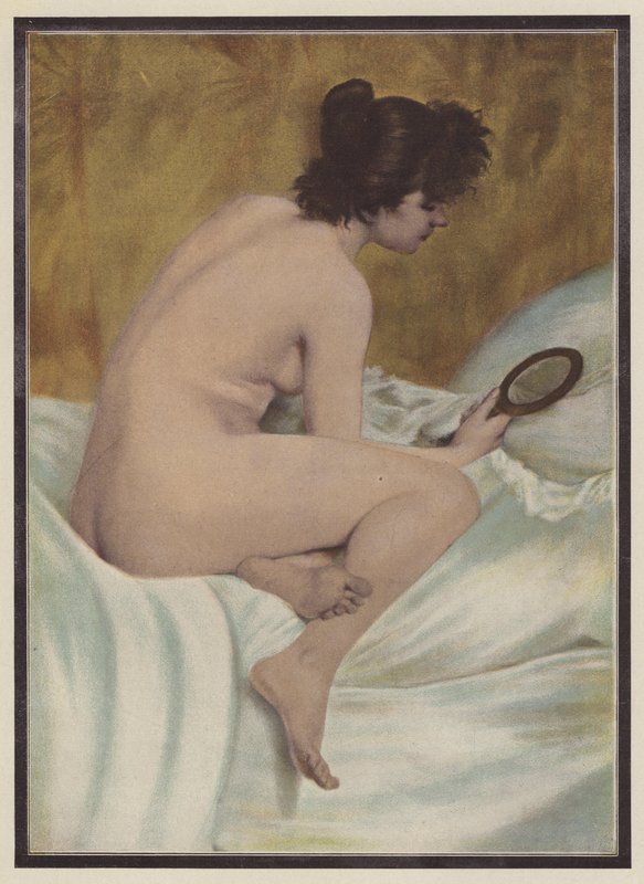 Oppvåkningen, kvinne med et speil (farge litho) av Pierre Carrier Belleuse