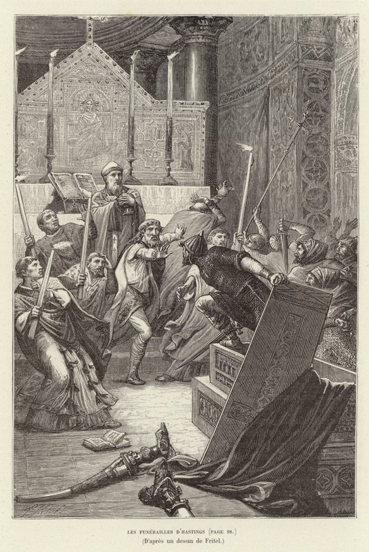 Les funerailles d'Hastings. Vikinger angriper en fransk kirke i begravelsen til deres leder, Hasting, etter at han lot seg død (gravering) av Pierre Fritel