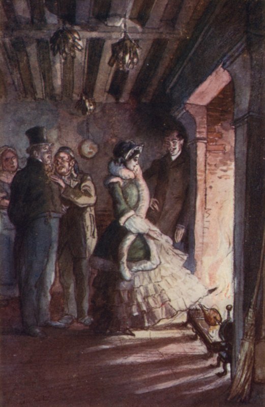 Madame Bovary gikk inn på kjøkkenet og gikk opp til peisen (farge litho) av Pierre Georges Jeanniot