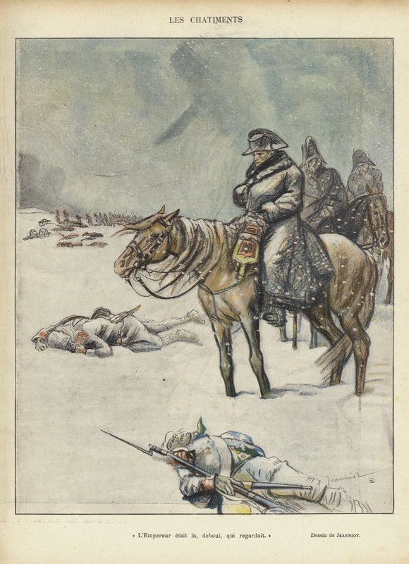 Napoleon på tilbaketoget fra Moskva, illustrasjon for Le Rire av Pierre Georges Jeanniot