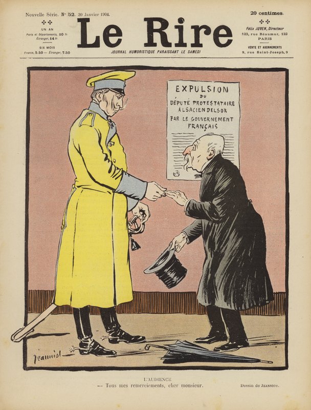 Satire over Frances forlatelse av Alsace til Tyskland. Illustrasjon for Le Rire av Pierre Georges Jeanniot