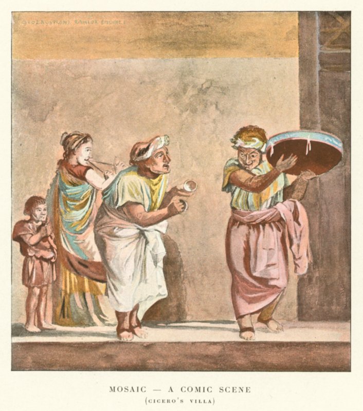 Mosaikk, en tegneseriescene, Ciceros villa (farge litho) av Pierre Gusman