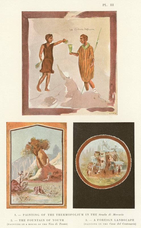 Maleri av termopolium i Strada di Mercurio, Ungdommens fontene, et fremmed landskap (farge litho) av Pierre Gusman