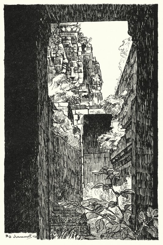 I Bayon, se gjennom et falt tak (gravering) av Pierre Jeannerat de Beerski
