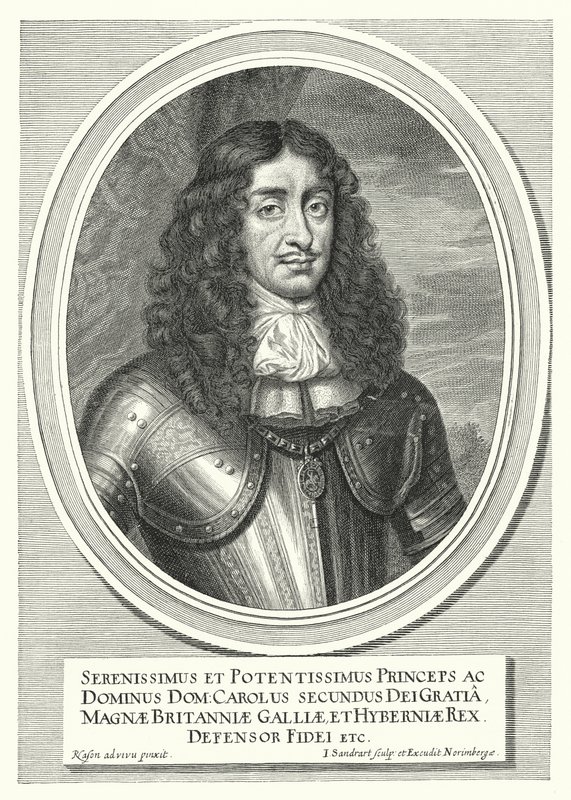 Charles II, konge av England, Skottland og Irland (gravering) av Pieter Nason