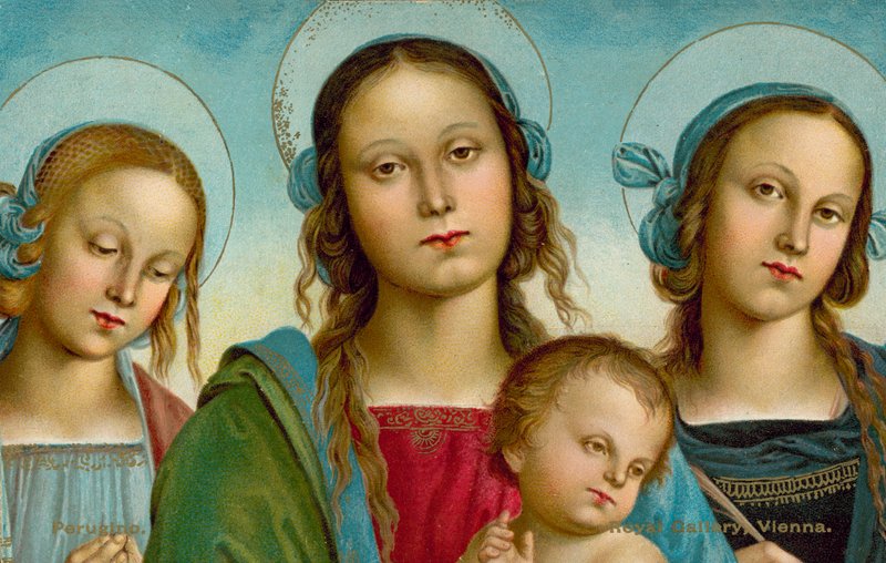Jomfru og barn mellom de hellige Rosa og Catherine (chromolitho) av Pietro (after) Perugino