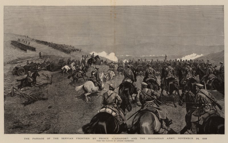 The Passage of the Servian Frontier av prins Alexander og den bulgarske hæren, 24. november 1885 (gravering) av Polish School