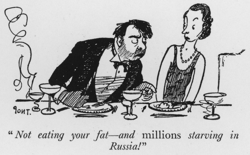 "Ikke spise fettet ditt, og millioner sulter i Russland!" (litho) av Pont