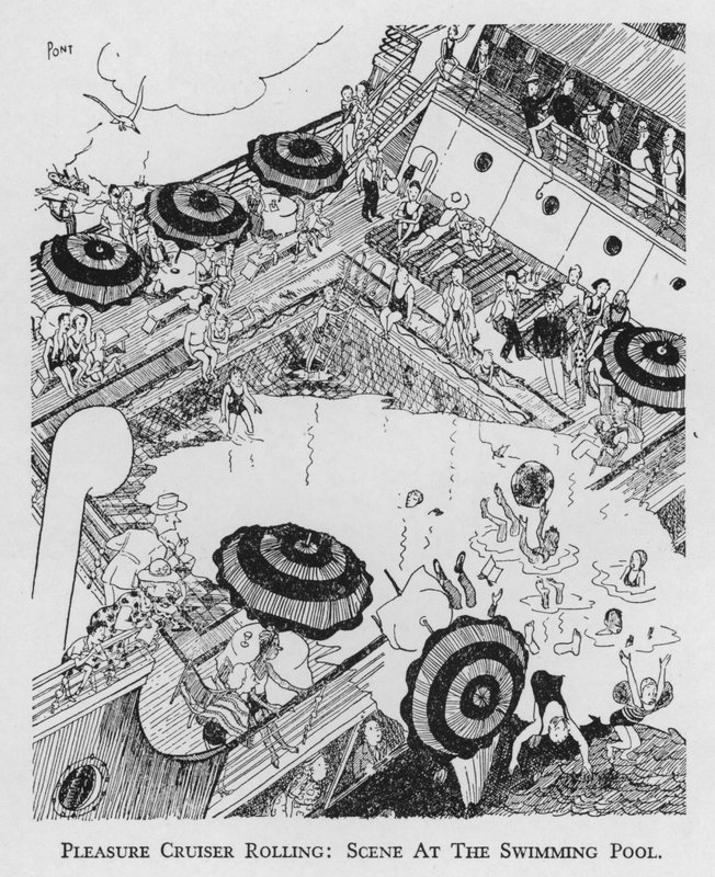 Lystkrysser rullende, scene ved svømmebassenget (litho) av Pont