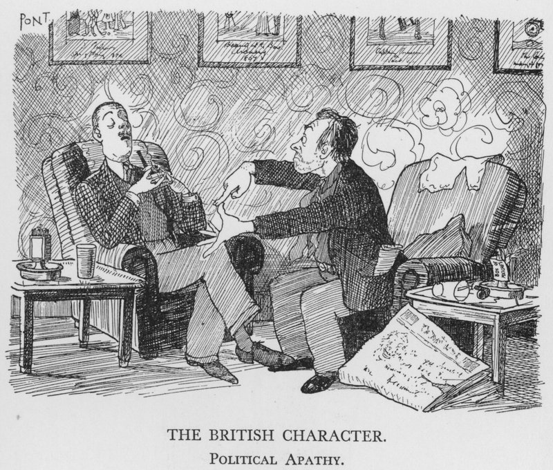 Den britiske karakteren, politisk apati (litho) av Pont