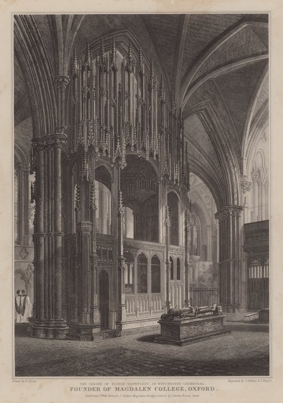 Helligdommen til biskop Waynflete, grunnlegger av Magdalen College, Oxford, i Winchester Cathedral (gravering) av R. (after) Essex