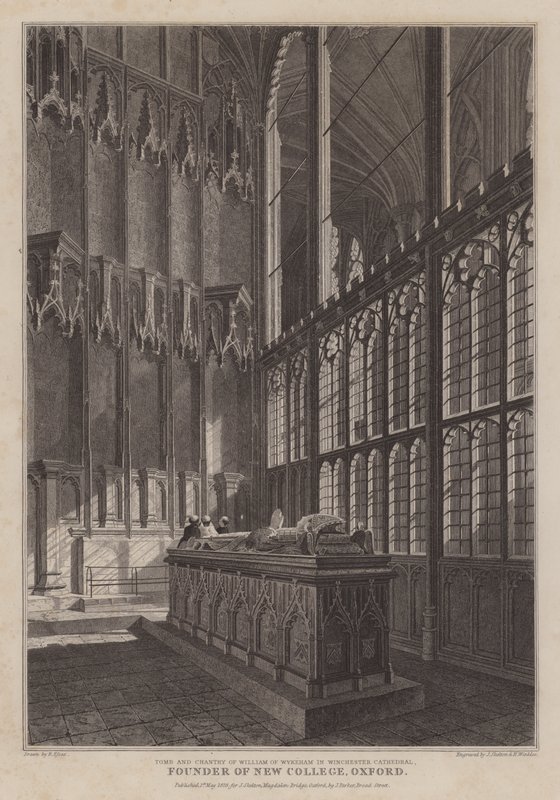 Grav og sang til William av Wykeham, grunnlegger av New College, Oxford, i Winchester Cathedral (gravering) av R. (after) Essex