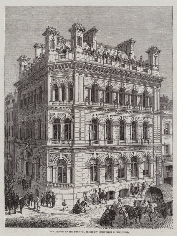 Nye kontorer til National Provident Institution i Eastcheap av R. Dudley