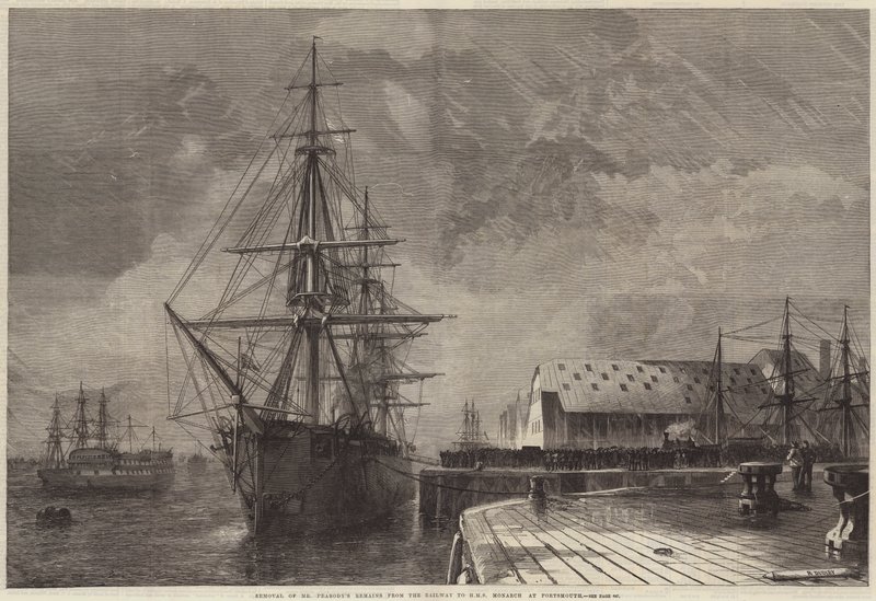 Fjerning av Mr Peabodys rester fra jernbanen til HMS Monarch i Portsmouth av R. Dudley