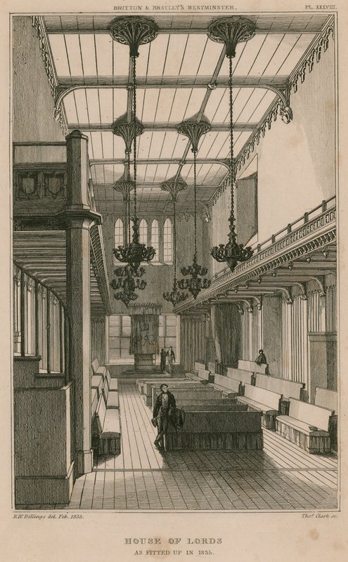 House of Lords, Westminster, London, slik det ble montert i 1835 av R. W. Billings