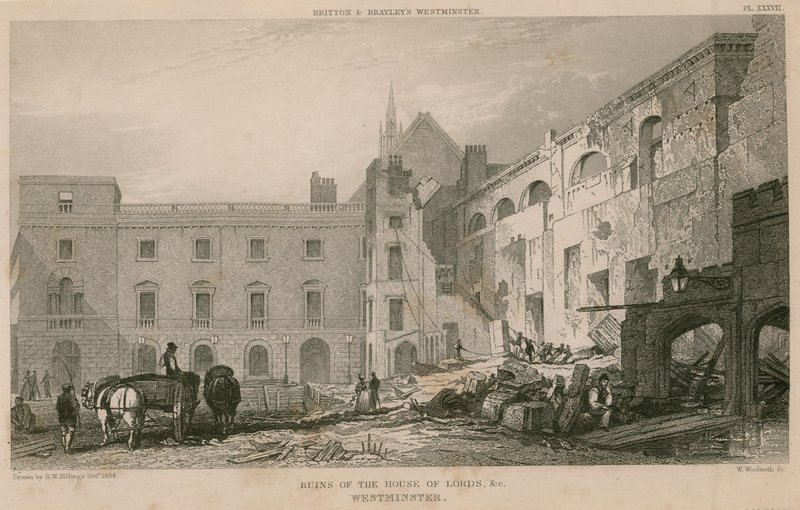 Ruinene av House of Lords, Westminster, London av R. W. Billings